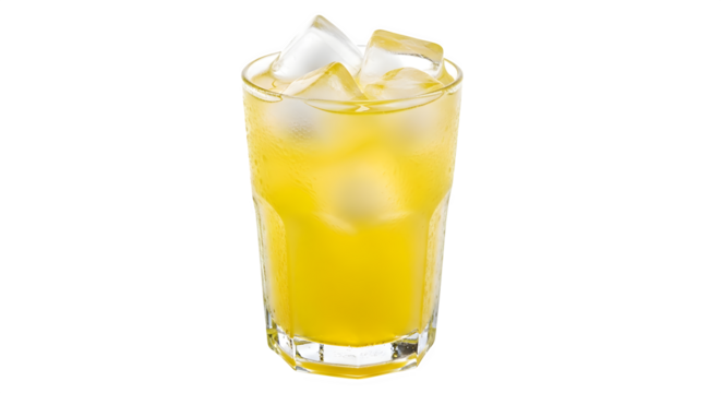 Iced Yellow Drink with Cubes 3d rendered isolated on transparent background
