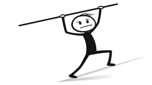 Black Stickman Climbing Uphill Holding A Horizontal Stick Isolated on White Background Symbolizing Challenge and Effort