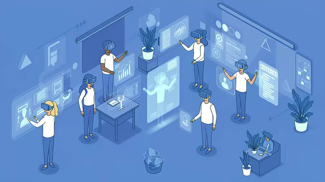 Virtual reality workspace with multiple users interacting with holographic data displays and plants