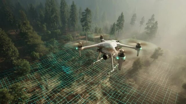 A drone flies over a forest, mapping terrain with a digital grid overlay for surveillance or environmental monitoring. Climate innovation lab. 