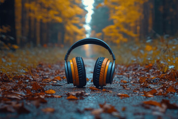 Naklejka premium Headphones left on forest floor.