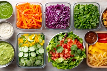 Preparing healthy lunch with various vegetables and dips