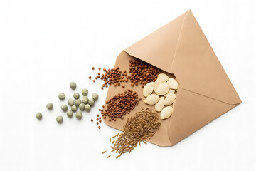 Assorted vegetable seeds in brown paper envelope on white background. Organic gardening seed mix including legumes, herbs, grains. Close up agricultural cultivation supply for farming and planting sea
