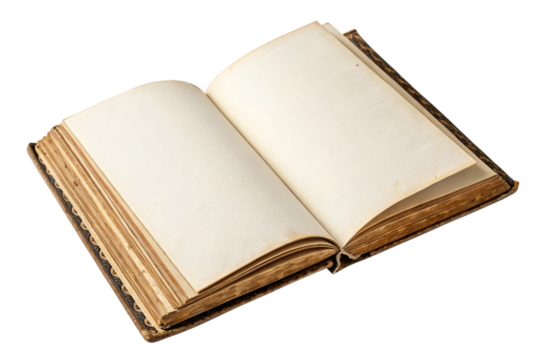 open old book with blank pages, isolated PNG transparent background
