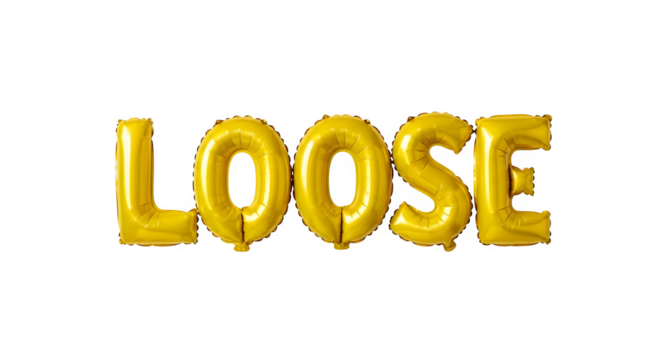 Gold foil balloon letters spelling LOOSE 3d rendered isolated on transparent background