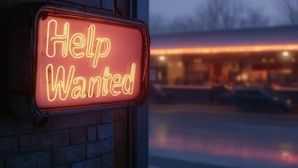 A bright neon sign reading 'help wanted' on the side of a building, ideal for use in job posting or career-themed designs