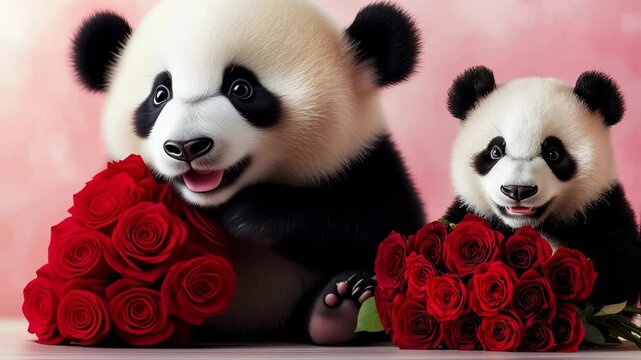 adorable panda bears amidst a romantic tableau, holding beautiful red roses, complemented by floating hearts on pink bokeh background