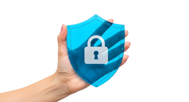 Hand holding secure shield 3d rendered isolated on transparent background