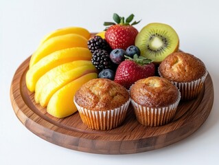 high quality picture of muffins with fruit composition on wooden platter