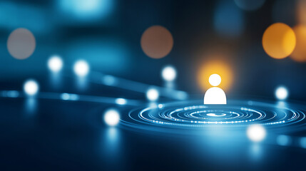 Digital network connection with glowing nodes and central figure representing communication