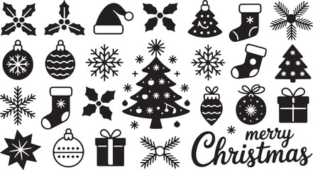Naklejka premium Christmas icons set black and white simple design