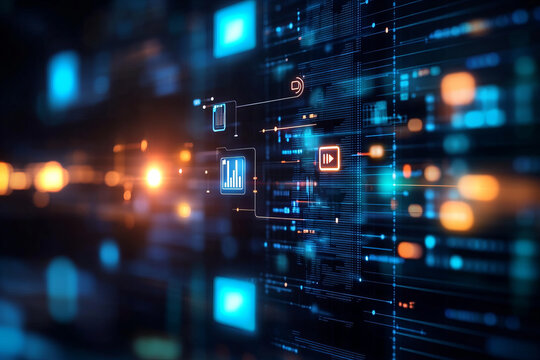 Digital interface with data visualization elements and glowing icons, representing technology