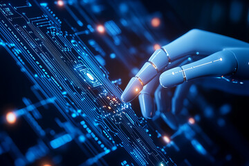 Robotic hand interacts with digital circuit board, showcasing advanced technology and innovation