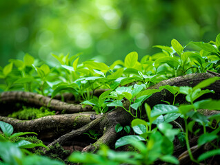 Obraz premium Lush greenery with intricate roots showcasing resilience and growth in vibrant forest