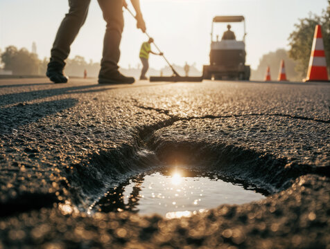 Road workers repairing cracked asphalt with an asphalt roller and traffic cones in the background.