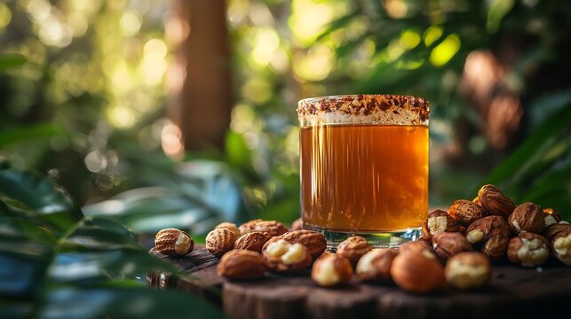 Bunya nut cordial roasted nuts soft natural light to bring out texture of roasted bunya nuts and cordial 50mm lens Australian forest setting
