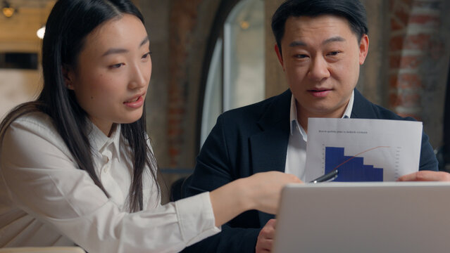 Asian financial marketing workers coworkers colleagues business presentation statistic data Korean Japanese woman girl female businesswoman with Chinese male guy man businessman talk video call office