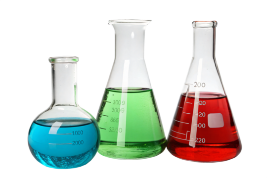 Flask with different colored liquids, lab experiment testing tubes, isolated PNG