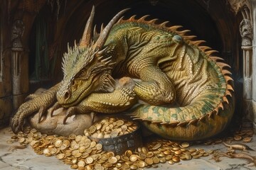 Fototapeta premium Fantasy dragon resting atop a pile of gold coins in a dimly lit cavern