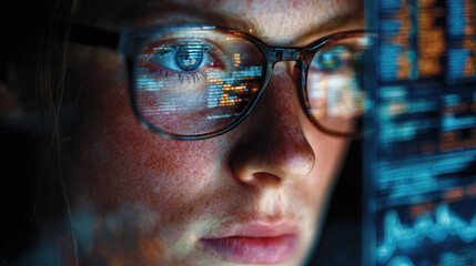 Focused Woman Analyzing Data on Screen