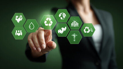 Businesswoman Touching Sustainable Development Icons Interface