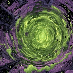 Vibrant green and purple cosmic vortex with dark structures and powerful abstract energy
