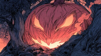 Giant glowing Halloween pumpkin with menacing eyes in dark eerie forest
