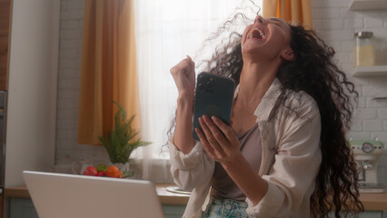 Hispanic woman Latina girl multiracial lady female housewife homeowner user with laptop notebook at...