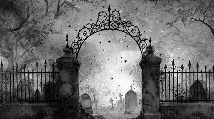 Wrought iron cemetery gate leading to spooky black and white graveyard illustration