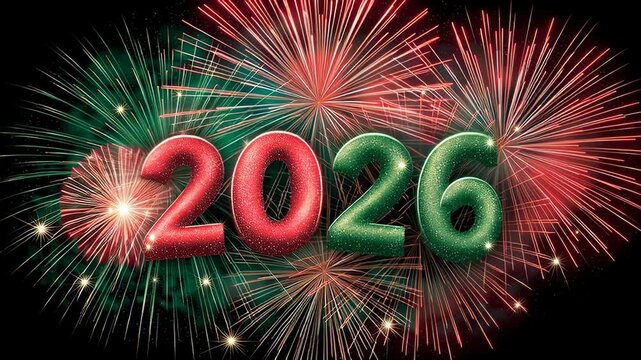Colorful fireworks burst around bold and shiny numbers representing the year 2026. This lively setting captures the excitement of New Year's Eve celebrations