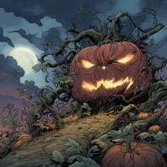 Giant scary Halloween pumpkin with glowing eyes under full moon eerie night