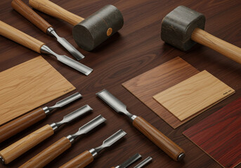 Woodworking tools laid out neatly on a workbench.