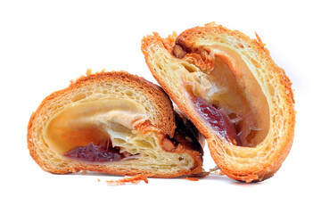 brioche with jam cuth in half with white background