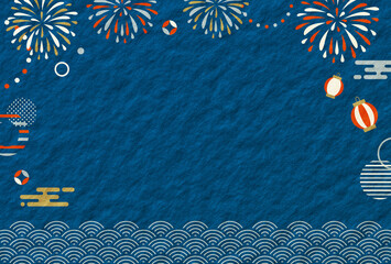 夏・お祭り・花火・海　和柄　和紙の背景	