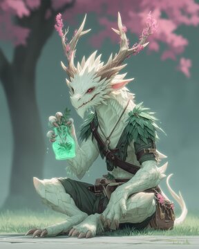 Elder dragon healer with glowing herb satchel and healing aura, sitting beneath sacred tree, fantasy npc character