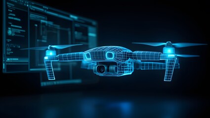 Futuristic drone wireframe with digital interface background