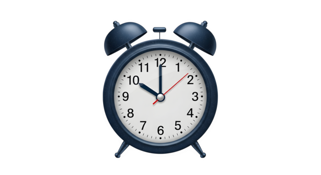 Classic alarm clock showing ten o'clock, 3d rendered isolated on transparent background