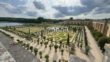 Versailles Garden View from Above with Potted Trees and Building