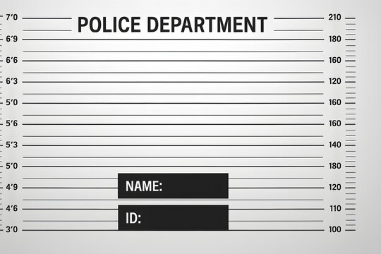 Police department mugshot template background with height measurement chart, criminal arrest board for suspect identification, blank name and ID section, jail booking board mockup, legal system concep
