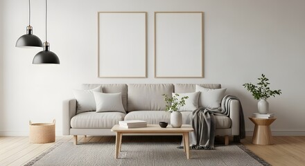 Fototapeta premium Modern Minimalist Living Room Interior Design Cozy Sofa, Neutral Tones, and Elegant Artwork