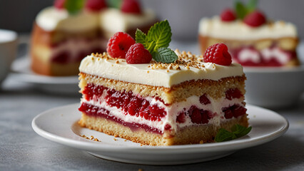 Layered Raspberry Cake Slice with Cream 