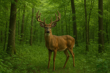 Fototapeta premium Deer standing in forest among trees.