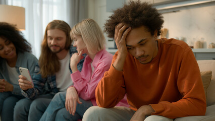 African American sad pensive thinking troubled problem frustrated man guy male at home separated...