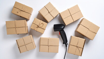 Flat lay of cardboard boxes tied with twine and barcode scanner on white background