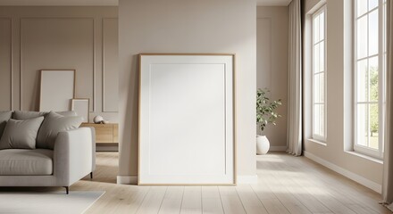 Elegant Living Room Interior Design Mockup with Large Empty Frame