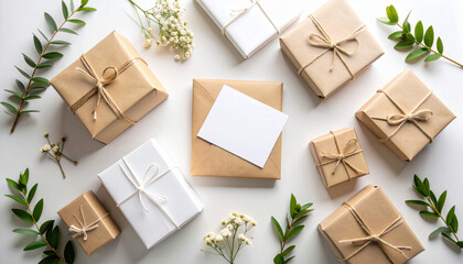 Gift boxes and envelopes with natural decorations on white background, perfect for branding