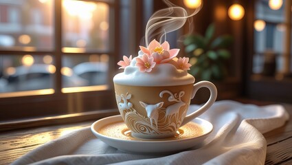 Steaming Coffee Cup Decorated with Pink Flowers and Deer Design