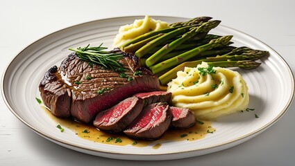 Seared Beef Steak Mashed Potatoes Asparagus Garnish