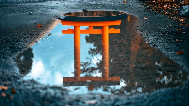Torii gate reflection in puddle