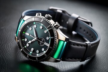 Elegant Men's Diver Watch with Green Dial and Black Leather Strap